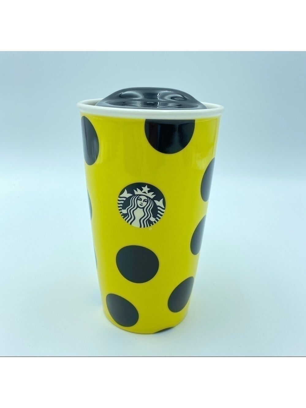 Starbucks Coffee 2015 12oz Yellow Black Polka Dot Ceramic Travel Tumbler Mug